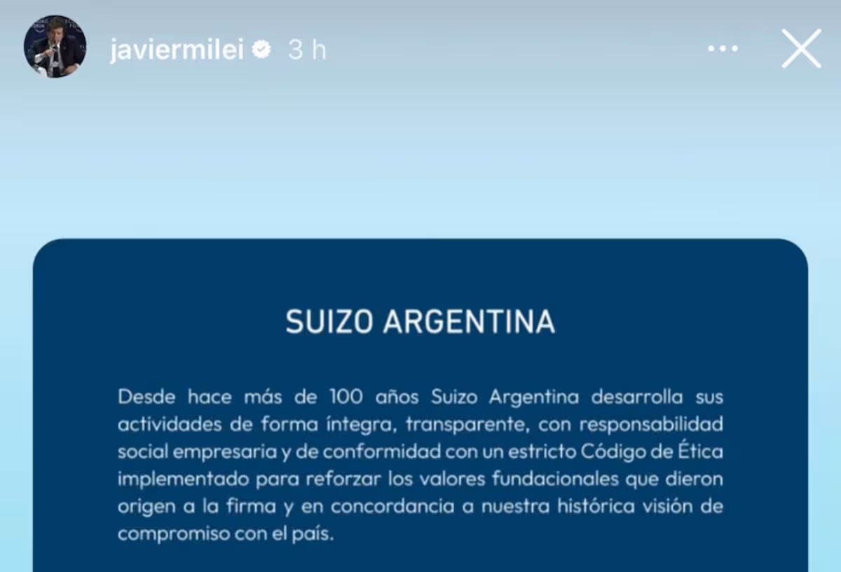 Milei difunde comunicado de droguería Suizo Argentina en medio del escándalo por audios